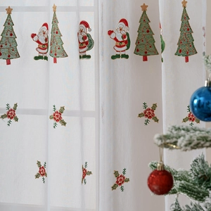 White Christmas sheer curtain with embroidered Santa and Xmas tree holiday decor
