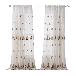 Sheer white Christmas curtain with embroidered Santa and Christmas tree patterns