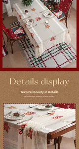 Macro detail of Christmas tablecloth featuring festive embroidery and delicate lace edges