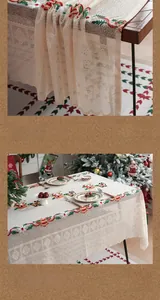 Lace Christmas table runner with festive embroidery, hollow-out snowflakes, and pom-pom edge
