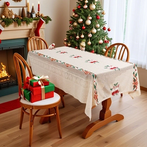 Christmas Tablecloth Polyester Lace Openwork Embroidery Santa Reindeer Patterns Festive Holiday Dinner Table Cover Decor