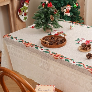 Christmas tablecloth with red bow embroidery and exquisite white hollow lace edges