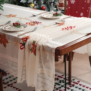 Christmas lace tablecloth with embroidered red flowers, gold bells and SANTA table runner