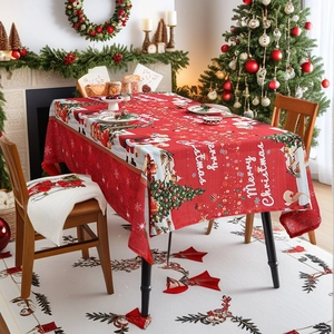 Christmas Tablecloth Rectangular Polyester Table Cover Santa Claus Snowflakes Print Holiday Dining Decoration Red Blue