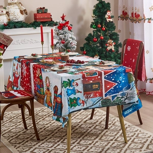Christmas snowman tablecloth with snowy village scene for rectangular dining table decor
