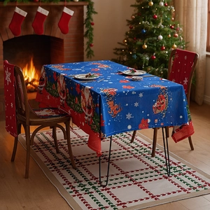 Christmas Tablecloth And Chair Covers Polyester Santa Snowman Print Holiday Dining Room Winter Party Decoration