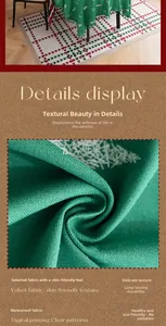 Detail of green velvet Christmas tablecloth with festive tree print and waterproof texture