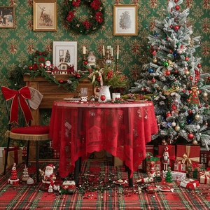Nappe de Noël en dentelle rouge avec motifs festifs de flocons pour tables rondes