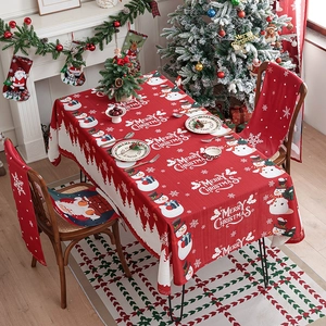Festive red Christmas tablecloth set with snowman print and forest silhouettes