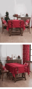 Close-up of red Christmas lace tablecloth with bell hollow patterns and festive textures