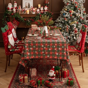 Festive red and green plaid Christmas tablecloth and Santa chair covers set for dining room