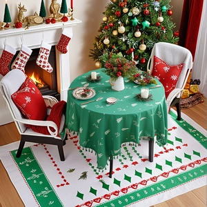 Christmas Reindeer Embroidery Tablecloth Linen Reindeer Tree Pattern Tassels Rectangle Table Cover Holiday Home Decoration