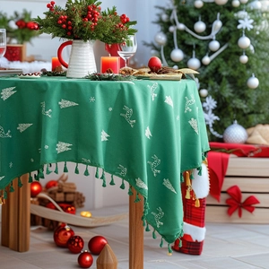 Forest green Christmas tablecloth with white reindeer embroidery and green tassels