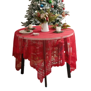 Red Christmas lace tablecloth with hollow snowflake and tree patterns for round tables
