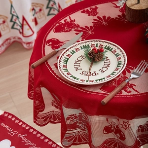 Luxurious red lace Christmas tablecloth featuring festive jacquard patterns for home decor