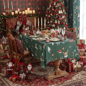 Christmas Tablecloth Polyester Rectangular Festive Reindeer Santa Print Holiday Party Dinner Decor American Style