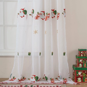 Cortina navideña blanca bordada con Papá Noel para decoración festiva de ventanas