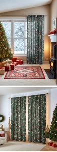 Detail of dark green semi-transparent Christmas curtain with festive trees and snowflake prints