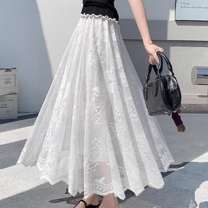 Elegant white floral lace A-line midi skirt with elastic waist and soft inner lining