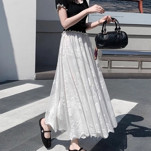 Elegant high-waist white floral lace maxi skirt with intricate hollow-out embroidery
