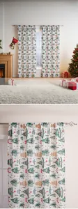 Detail of Christmas themed curtains featuring festive tree patterns and snow motifs