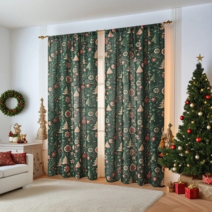 Festive dark green Christmas curtains with red and white snowflake and tree holiday prints