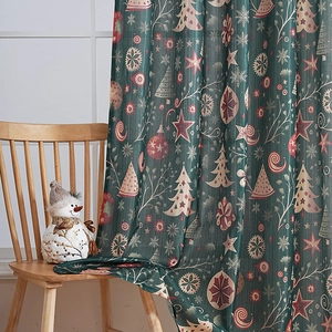 Green Christmas curtains with snowflake and tree prints for festive home window decoration