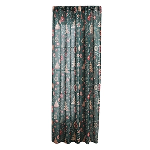Dark green Christmas tree sheer curtain with festive snowflake patterns and rod pocket