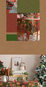 Details der Weihnachtsdecke mit Karomuster, festlicher Stickerei und Wellenrand