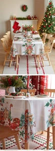 Close-up of Christmas tablecloth with holly and bells print and scalloped edges