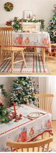 Close-up of Christmas tablecloth featuring festive houses, snowmen, and red scalloped edges
