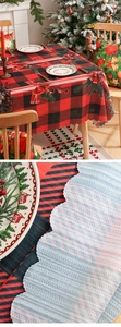 Detail of scalloped edge and red-black plaid texture on the Christmas tablecloth