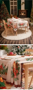 Close-up of festive Christmas tablecloth with poinsettia print and plaid pleated edges