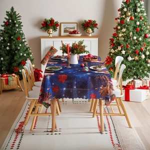 Christmas Tablecloth Rectangular Polyester Scalloped Edge Digital Print Santa Reindeer Plaid Festive Holiday Dining
