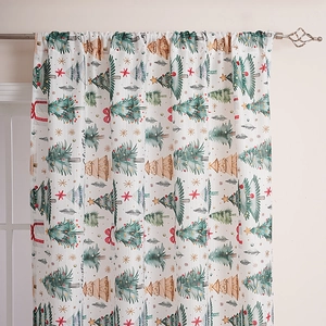 Christmas themed blackout window curtains with festive trees and snowflake patterns