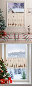 Detail of Christmas coffee curtain with Santa Claus embroidery and rod pocket design