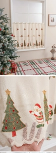 Detail of Christmas tree embroidery on cream lace curtain with hollow woven texture