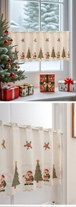 Detail of Christmas coffee curtain featuring festive embroidery on white lace fabric