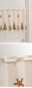 Detail of Christmas tree embroidery and wavy lace edge on white mesh cafe curtain