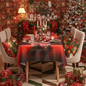Christmas tablecloth with Santa pattern and matching floral pillows for festive dining decor