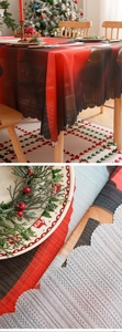 Macro detail of Christmas tablecloth with scalloped edges and red black plaid pattern