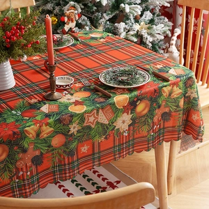 Christmas tablecloth with red tartan pattern and festive holiday border decoration