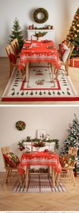 Detail of red festive tablecloth with white winter silhouette and fringe rug