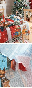 Macro shot of scalloped edge Christmas tablecloth with festive Santa Claus patterns