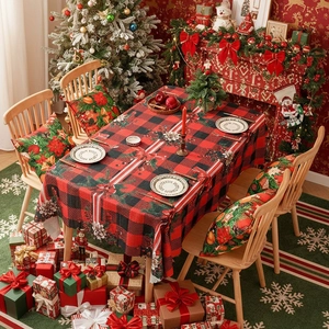 Christmas Tablecloth Polyester Buffalo Plaid Festive Scalloped Edge Rectangular Table Cover For Holiday Party Dining Decor