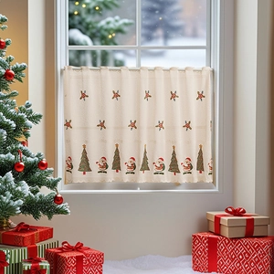 Christmas lace cafe curtain with festive Santa and tree embroidery for window decor