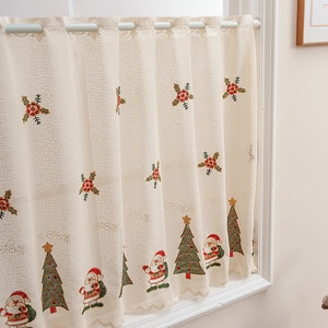 Christmas embroidered lace cafe curtain with Santa Claus and tree patterns for windows