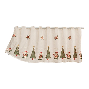 Christmas lace cafe curtain with bell embroidery and festive tree patterns on white