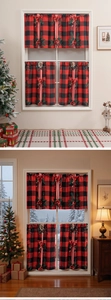 Christmas buffalo plaid curtain set featuring red bows and pine branch digital print detail