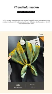 Detail of 70x70cm mulberry silk scarf with yellow floral print on green background